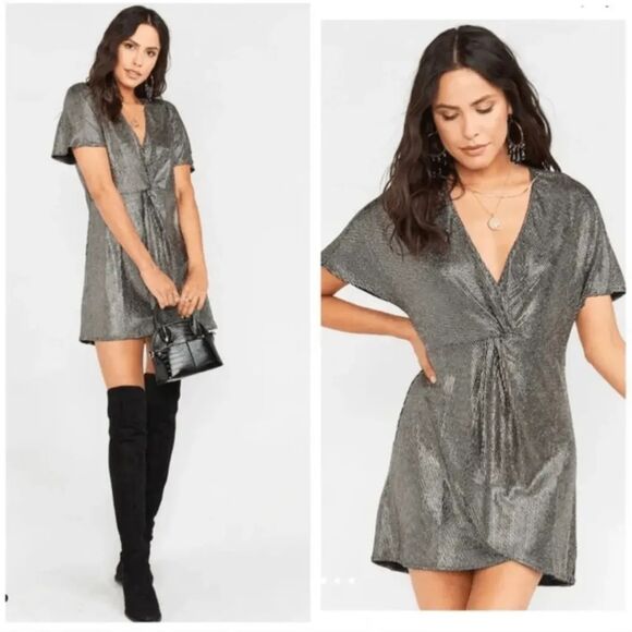 SHOW ME YOUR MUMU Womens Dress XS Silver Shift Get Twisted Mini Disco Glitz - Picture 1 of 9